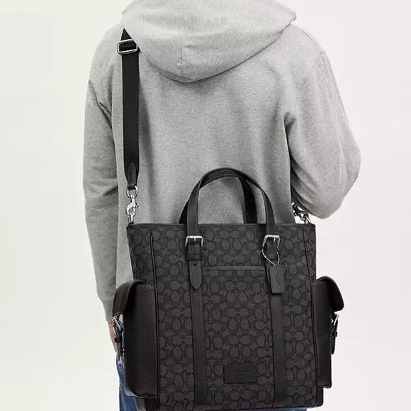 NWT COACH CR325 Sprint Tote Bag in Signature Jacquard Silver/Charcoal/Black - Picture 6 of 9